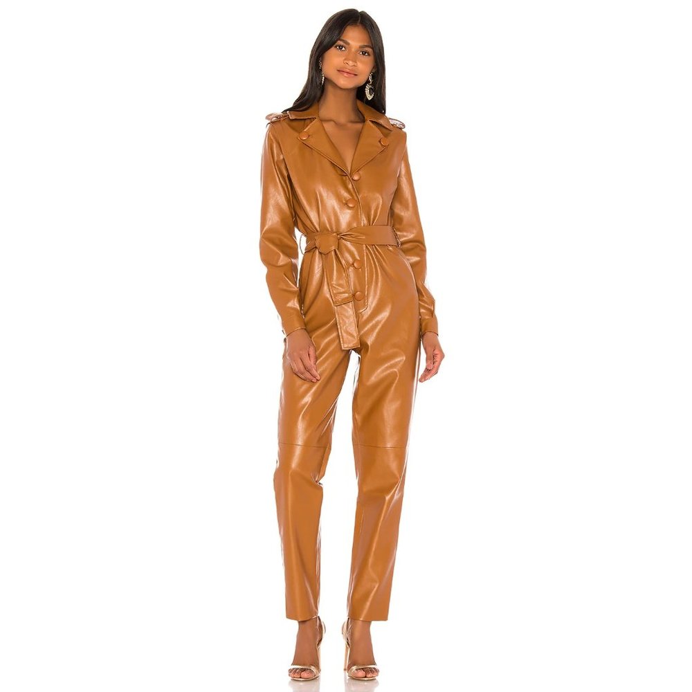 NWT Ronny Kobo cognac brown faux leather jumpsuit, XS